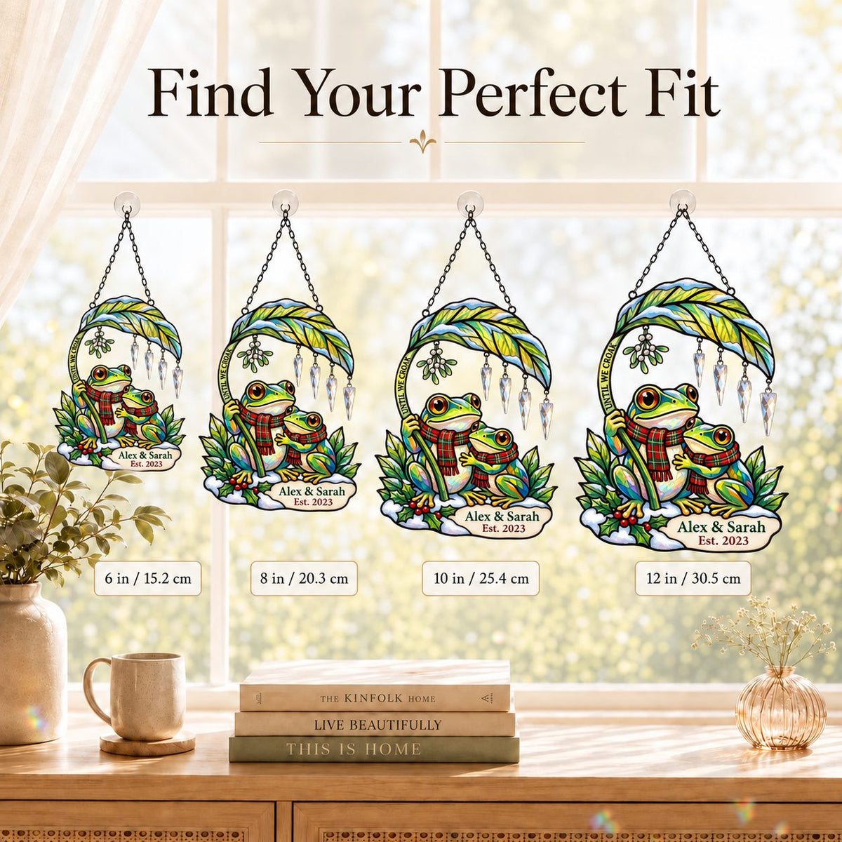 Personalized Frog Couple Mistletoe & Leaf Umbrella Holographic Acrylic Suncatcher — Until We Croak