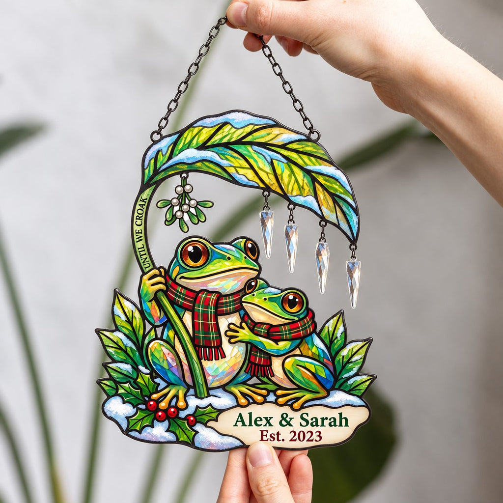 Personalized Frog Couple Mistletoe & Leaf Umbrella Holographic Acrylic Suncatcher — Until We Croak