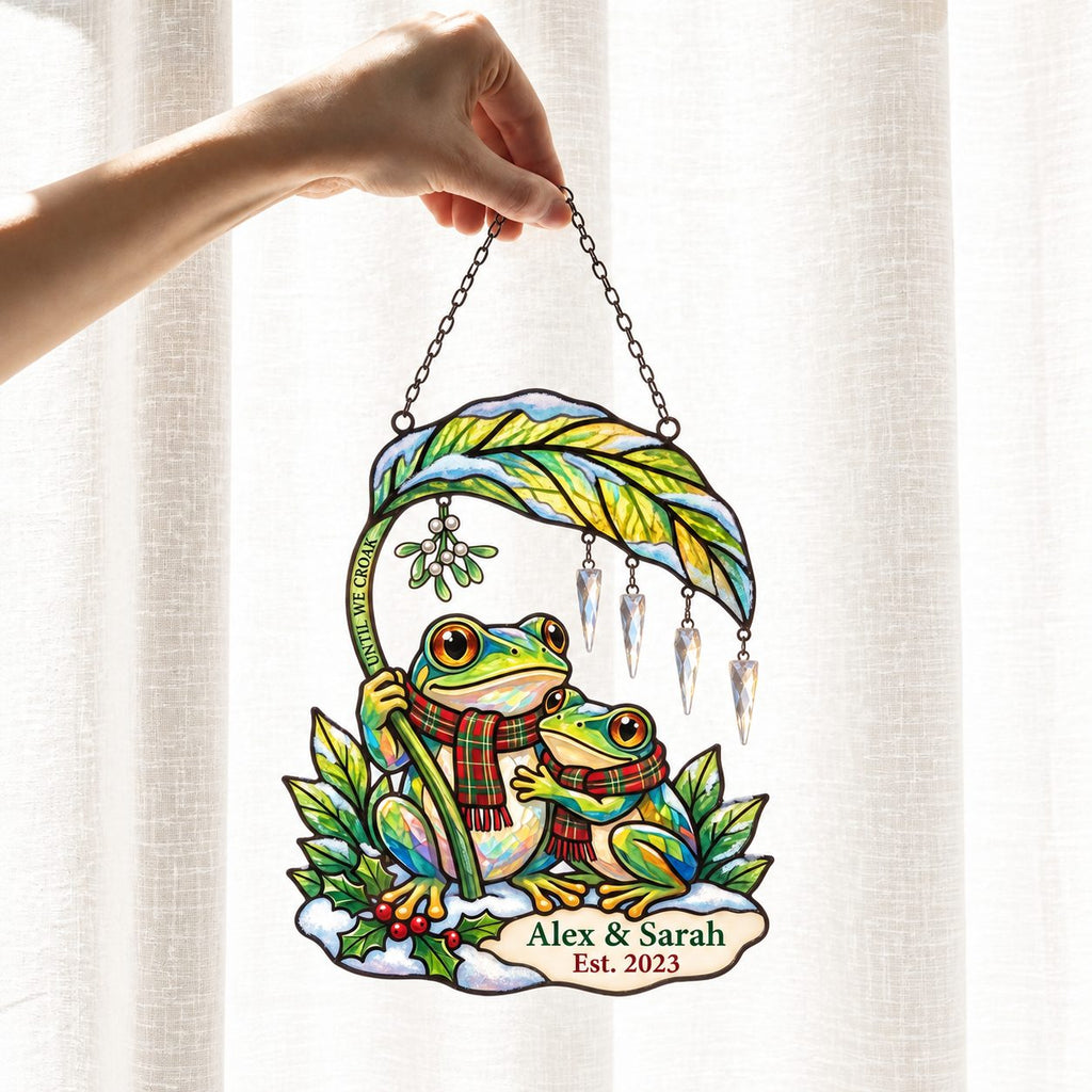 Personalized Frog Couple Mistletoe & Leaf Umbrella Holographic Acrylic Suncatcher — Until We Croak