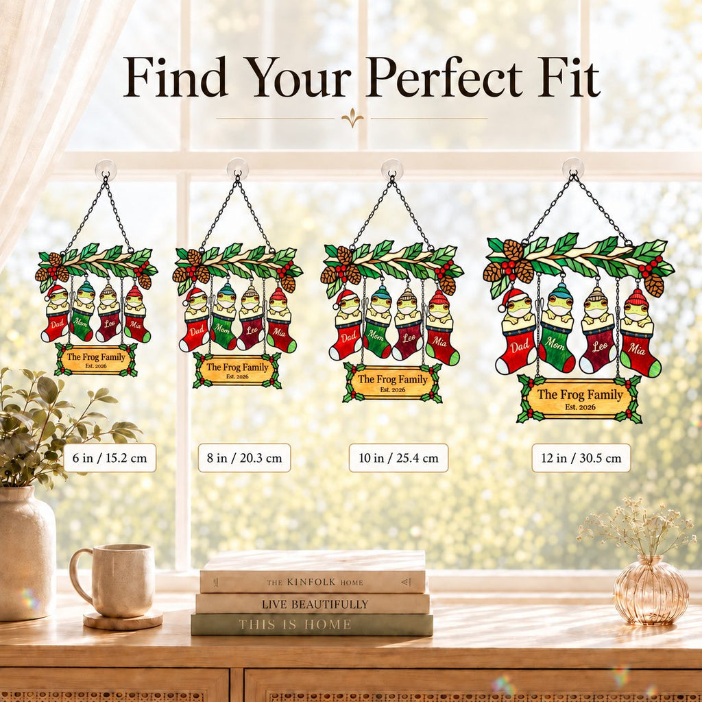Personalized Frog Family Christmas Stockings Holographic Acrylic Suncatcher