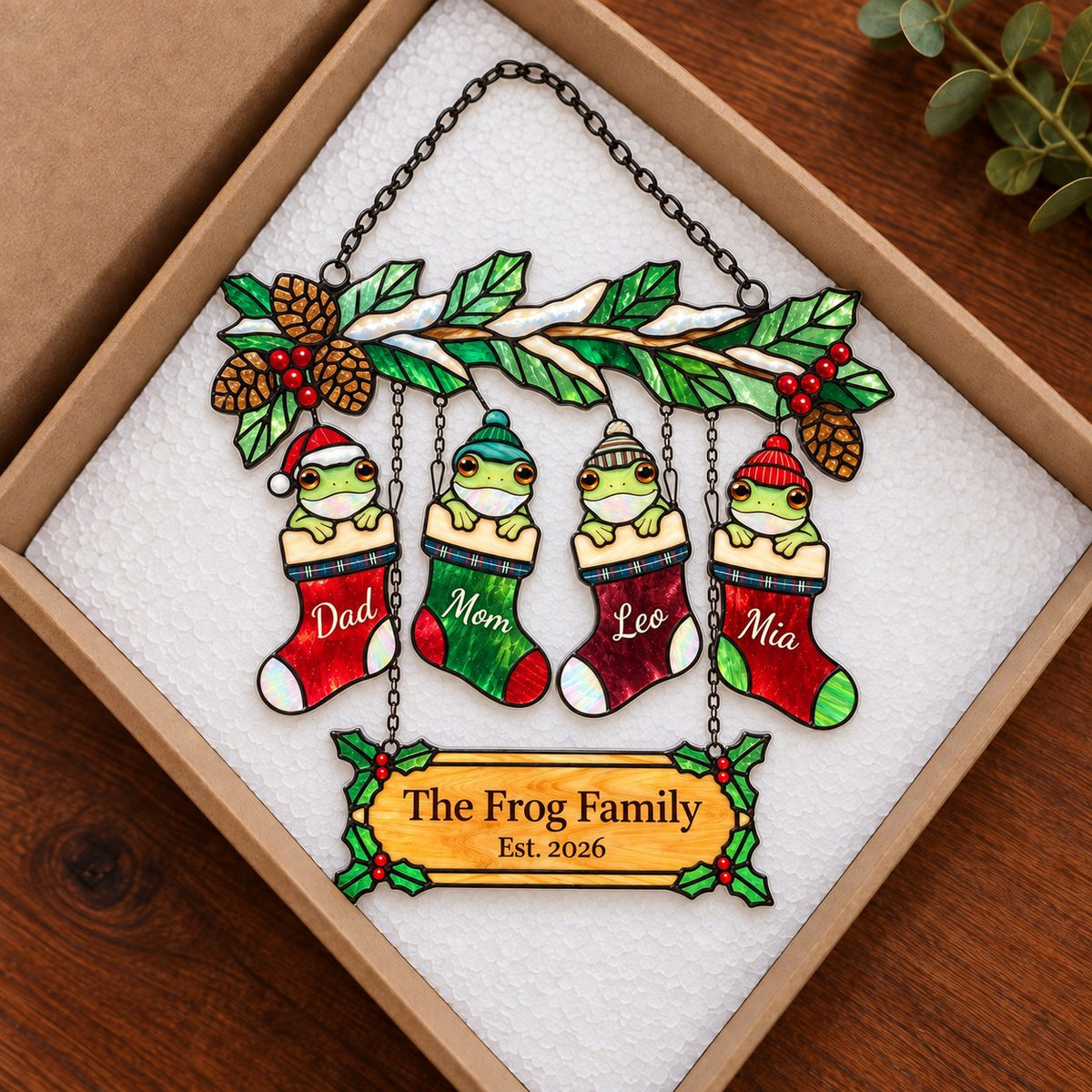Personalized Frog Family Christmas Stockings Holographic Acrylic Suncatcher