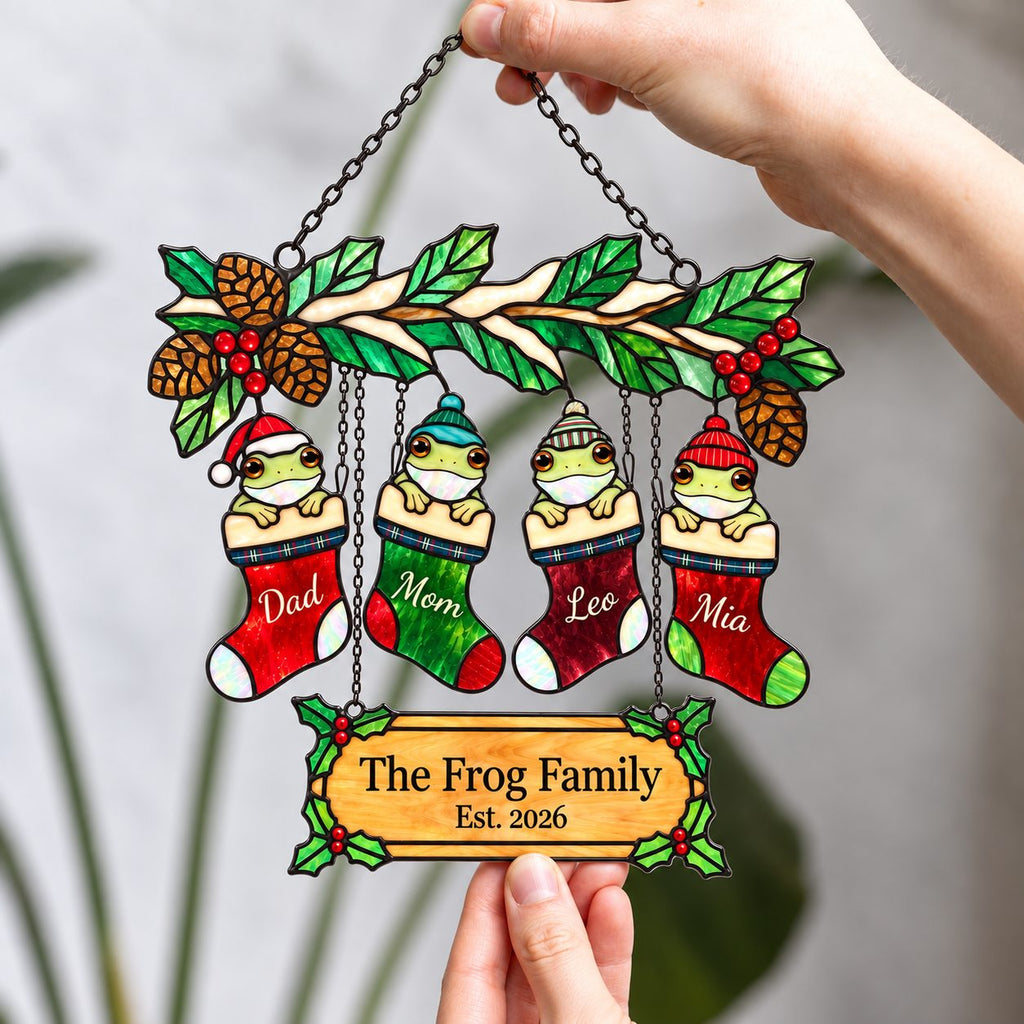 Personalized Frog Family Christmas Stockings Holographic Acrylic Suncatcher