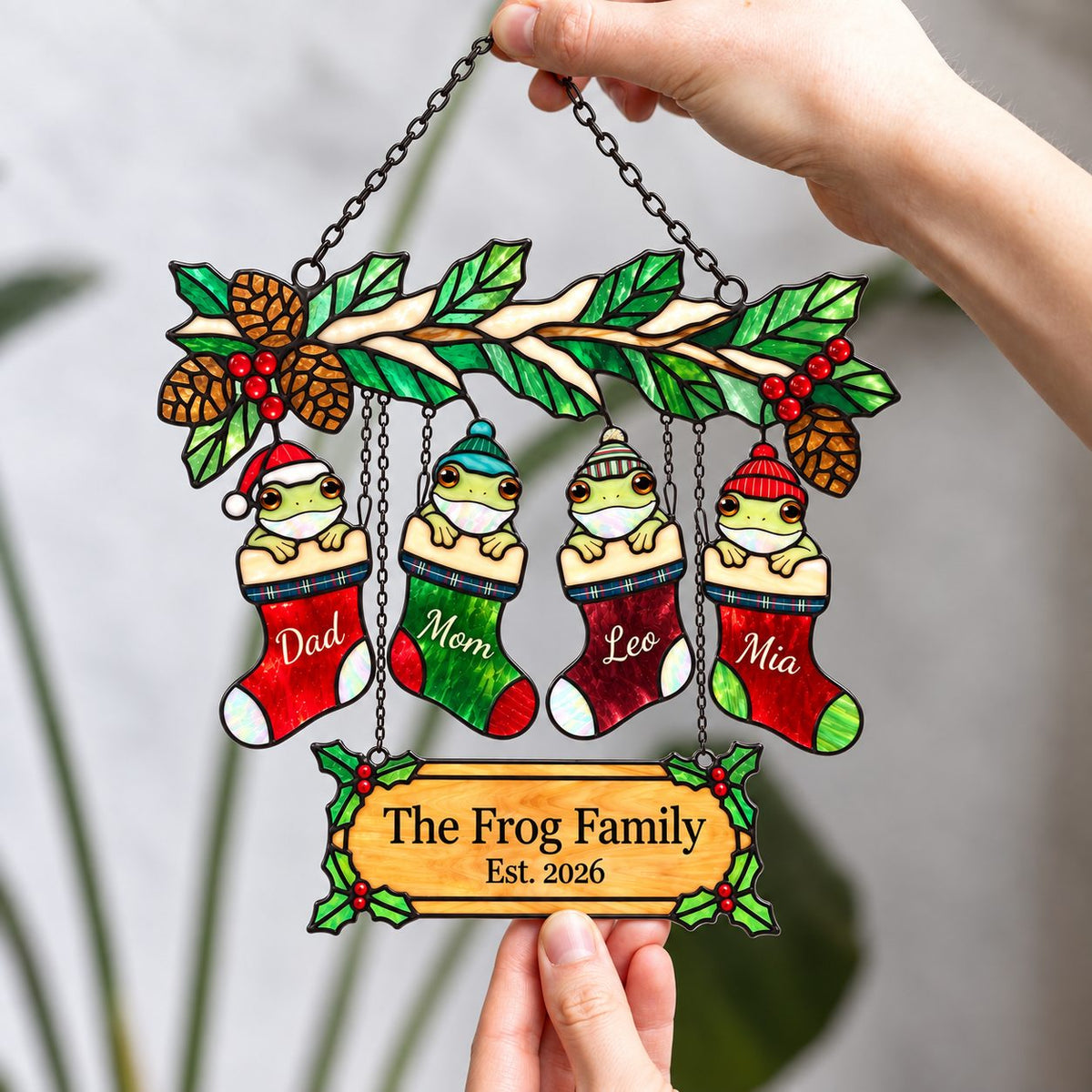 Personalized Frog Family Christmas Stockings Holographic Acrylic Suncatcher