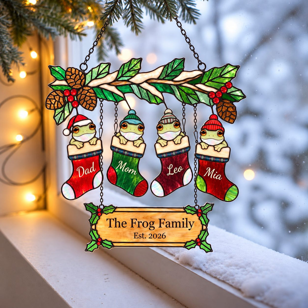 Personalized Frog Family Christmas Stockings Holographic Acrylic Suncatcher