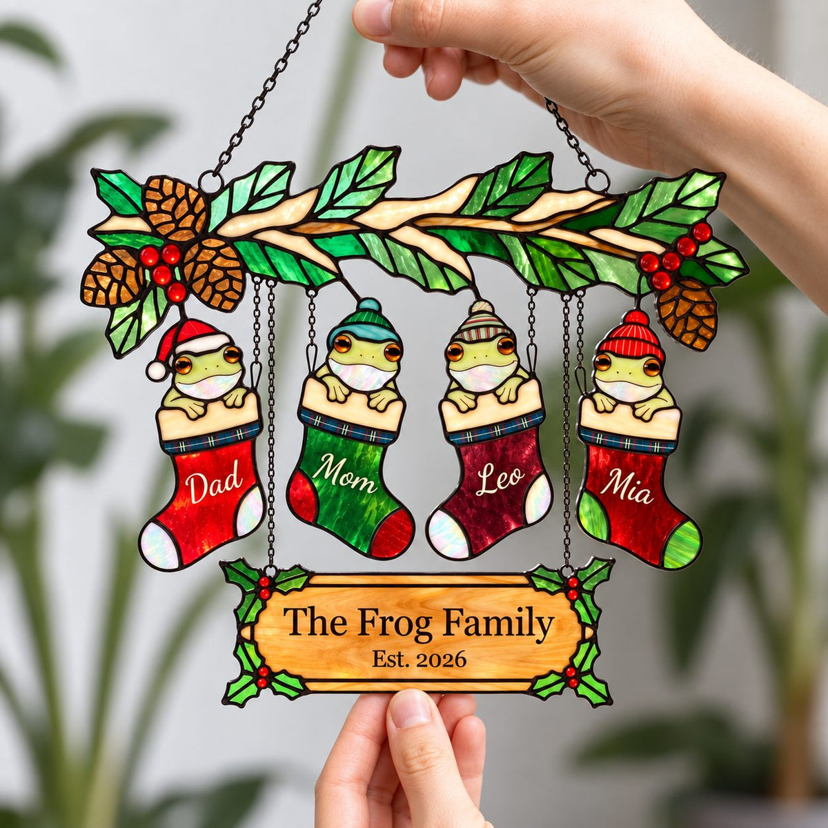 Personalized Frog Family Christmas Stockings Holographic Acrylic Suncatcher