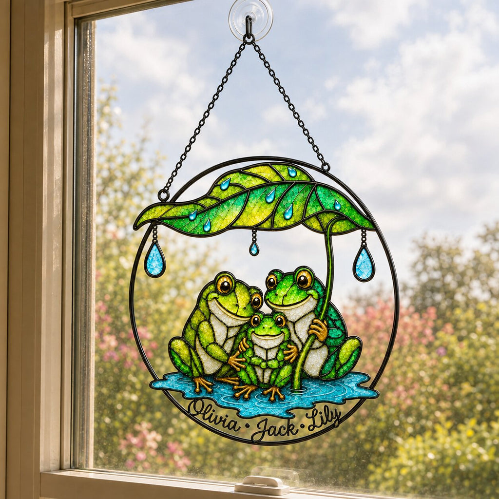 Personalized Frog Family Under Leaf Umbrella Holographic Acrylic Suncatcher