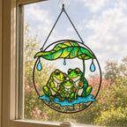 Personalized Frog Family Under Leaf Umbrella Holographic Acrylic Suncatcher