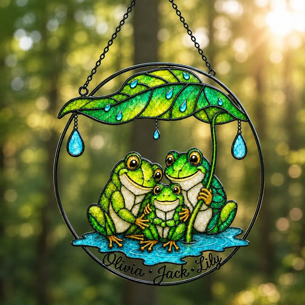 Personalized Frog Family Under Leaf Umbrella Holographic Acrylic Suncatcher