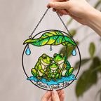 Personalized Frog Family Under Leaf Umbrella Holographic Acrylic Suncatcher