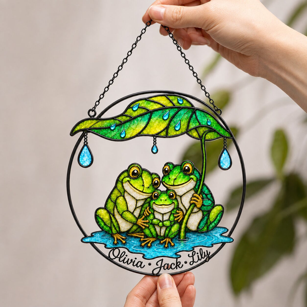 Personalized Frog Family Under Leaf Umbrella Holographic Acrylic Suncatcher