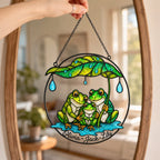 Personalized Frog Family Under Leaf Umbrella Holographic Acrylic Suncatcher