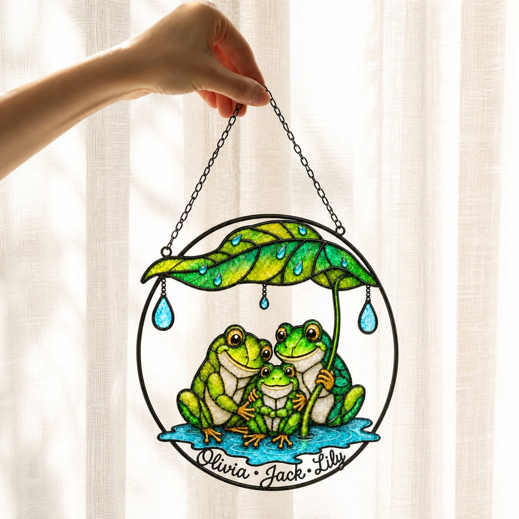 Personalized Frog Family Under Leaf Umbrella Holographic Acrylic Suncatcher