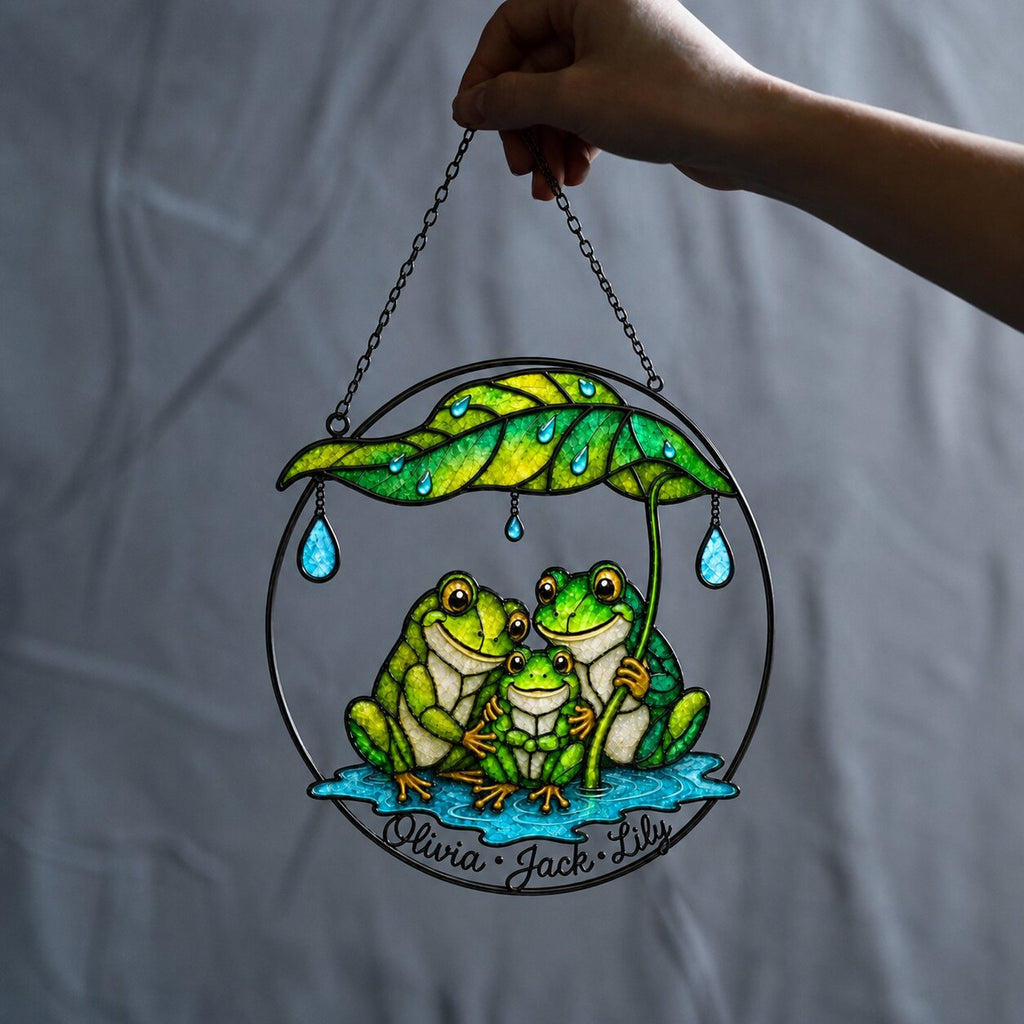 Personalized Frog Family Under Leaf Umbrella Holographic Acrylic Suncatcher
