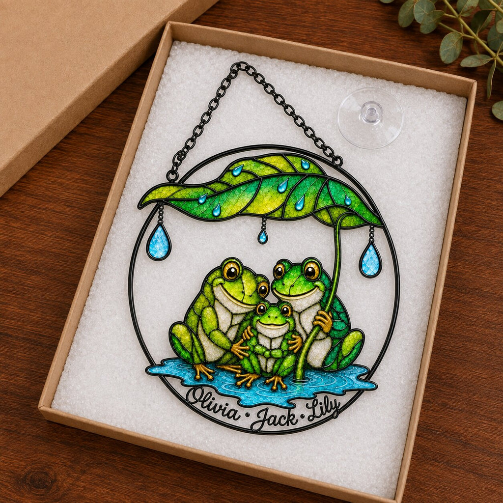 Personalized Frog Family Under Leaf Umbrella Holographic Acrylic Suncatcher