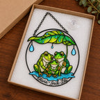 Personalized Frog Family Under Leaf Umbrella Holographic Acrylic Suncatcher