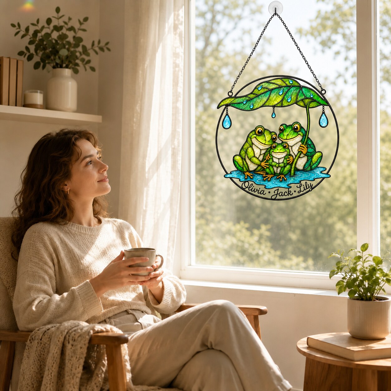 Personalized Frog Family Under Leaf Umbrella Holographic Acrylic Suncatcher