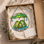 Personalized Frog Family Under Leaf Umbrella Holographic Acrylic Suncatcher