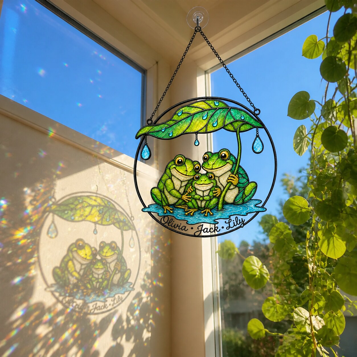 Personalized Frog Family Under Leaf Umbrella Holographic Acrylic Suncatcher