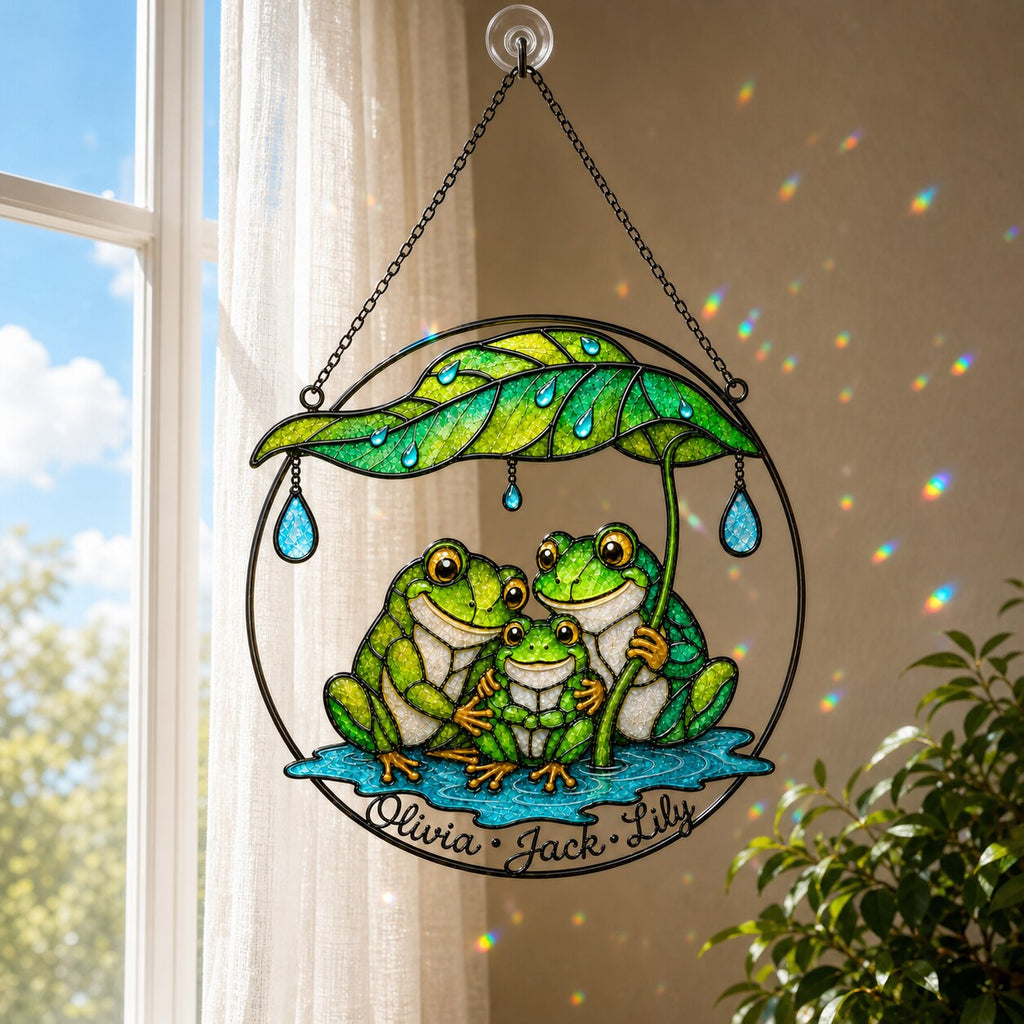 Personalized Frog Family Under Leaf Umbrella Holographic Acrylic Suncatcher