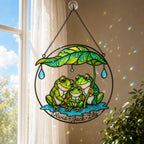 Personalized Frog Family Under Leaf Umbrella Holographic Acrylic Suncatcher