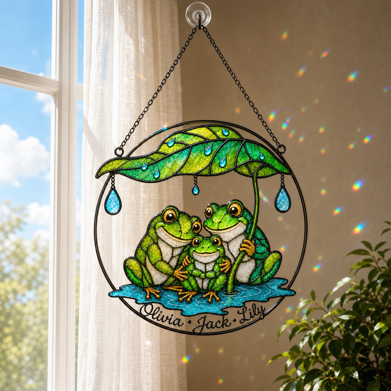 Personalized Frog Family Under Leaf Umbrella Holographic Acrylic Suncatcher