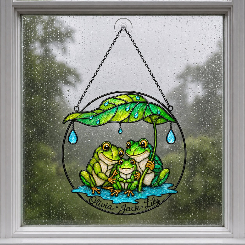 Personalized Frog Family Under Leaf Umbrella Holographic Acrylic Suncatcher