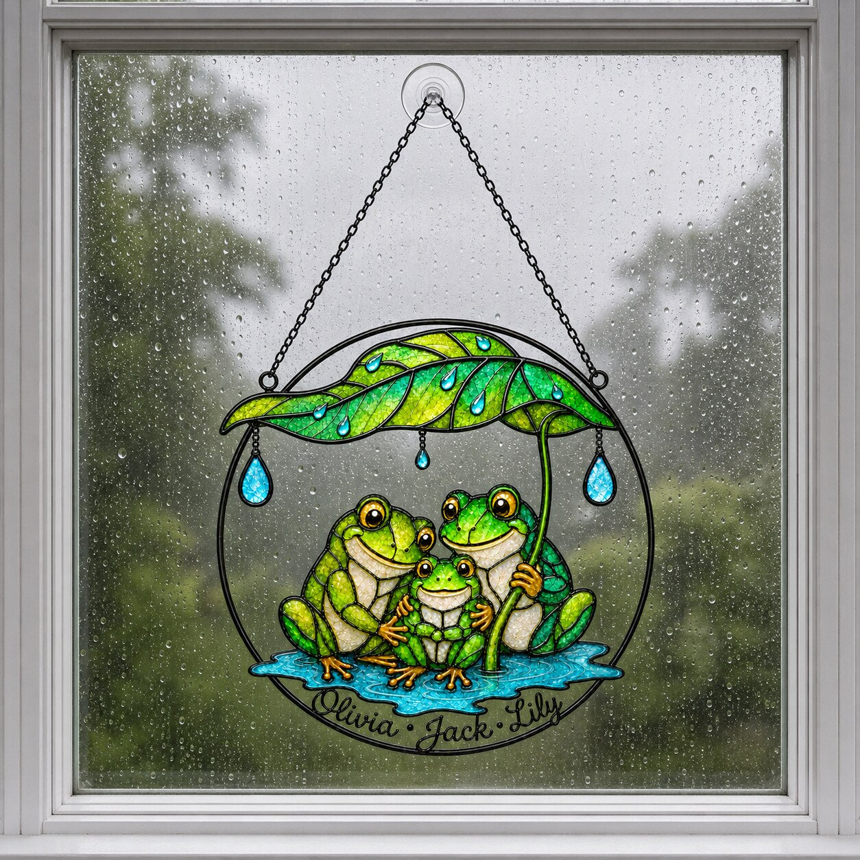 Personalized Frog Family Under Leaf Umbrella Holographic Acrylic Suncatcher
