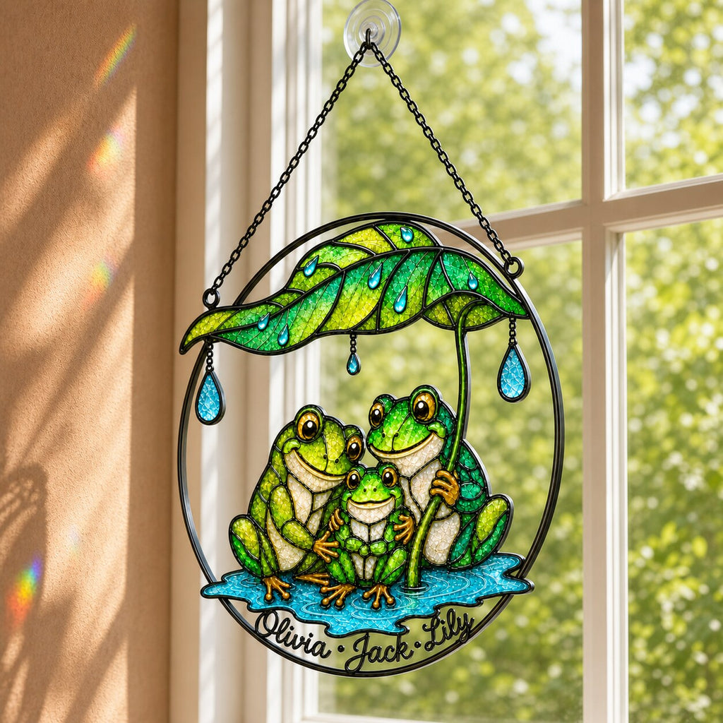 Personalized Frog Family Under Leaf Umbrella Holographic Acrylic Suncatcher