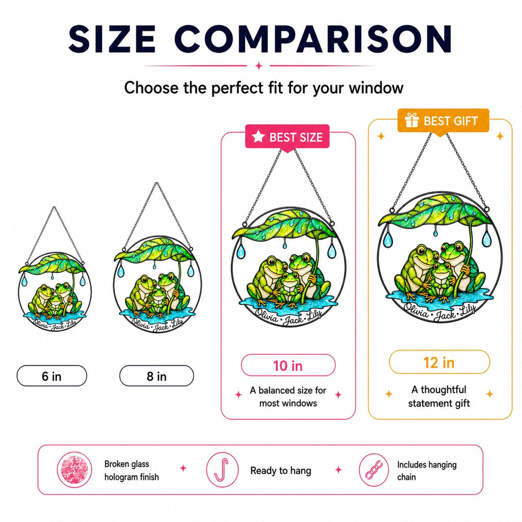Personalized Frog Family Under Leaf Umbrella Holographic Acrylic Suncatcher