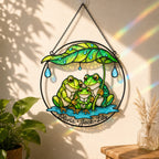 Personalized Frog Family Under Leaf Umbrella Holographic Acrylic Suncatcher