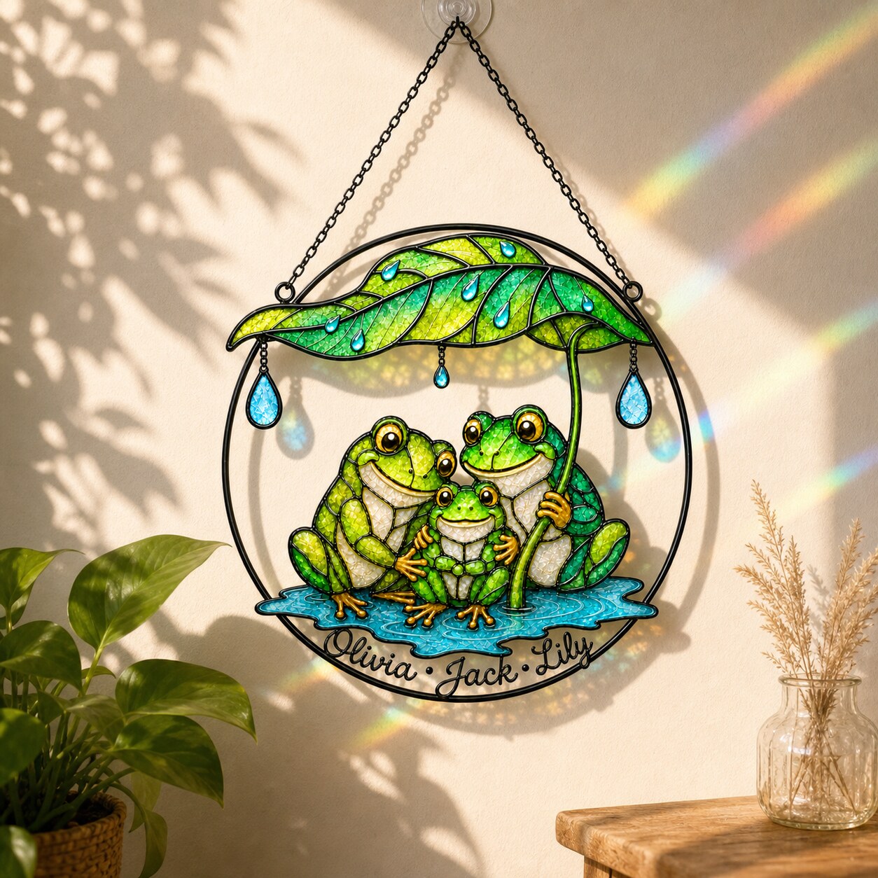 Personalized Frog Family Under Leaf Umbrella Holographic Acrylic Suncatcher