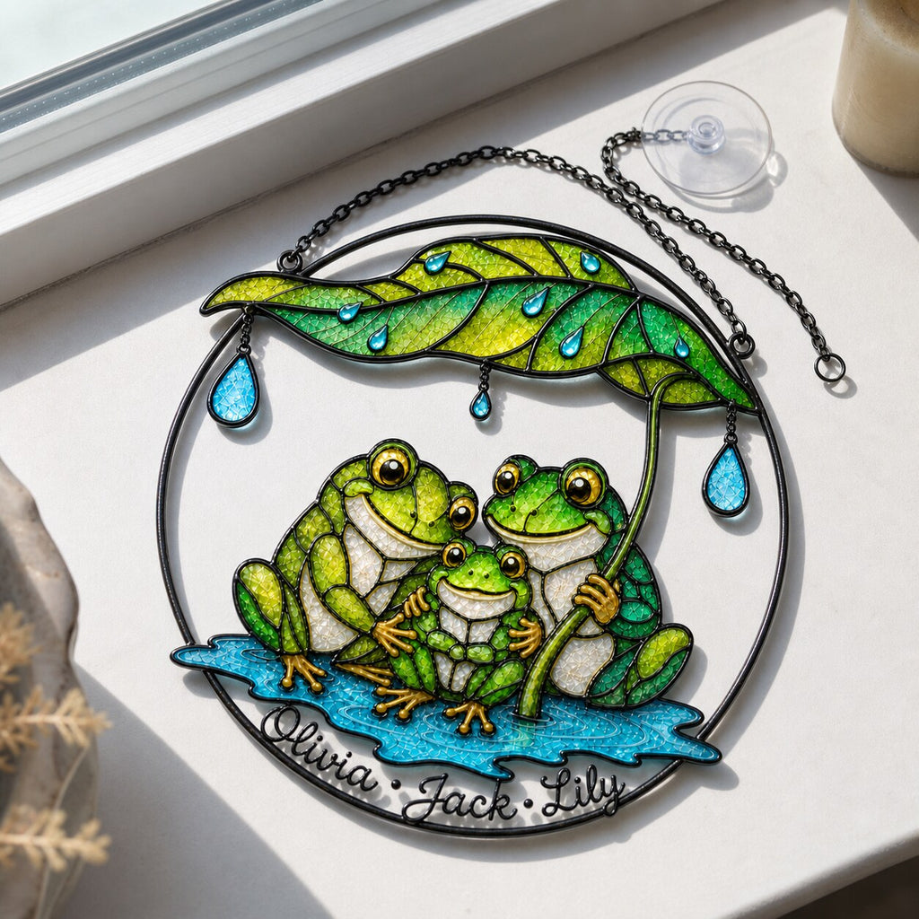 Personalized Frog Family Under Leaf Umbrella Holographic Acrylic Suncatcher