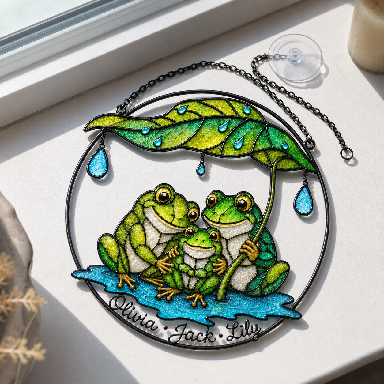 Personalized Frog Family Under Leaf Umbrella Holographic Acrylic Suncatcher
