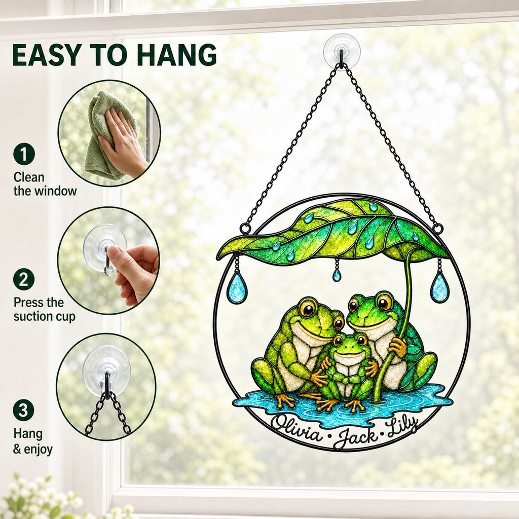 Personalized Frog Family Under Leaf Umbrella Holographic Acrylic Suncatcher
