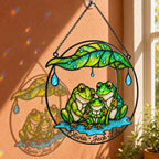 Personalized Frog Family Under Leaf Umbrella Holographic Acrylic Suncatcher