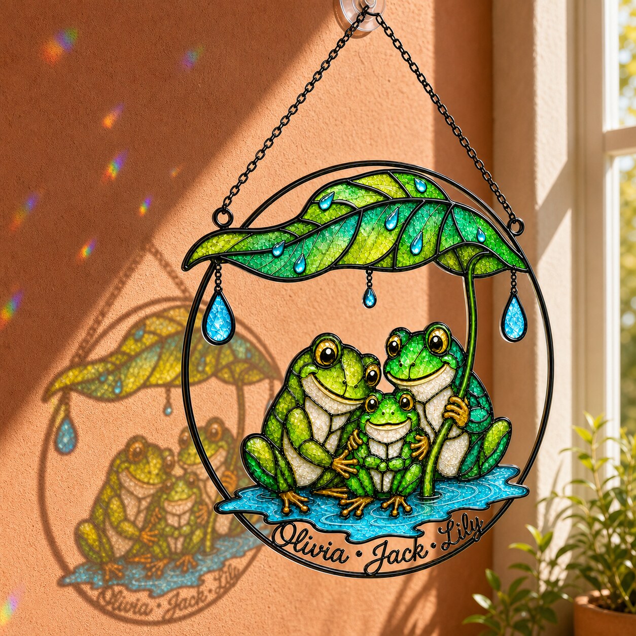 Personalized Frog Family Under Leaf Umbrella Holographic Acrylic Suncatcher