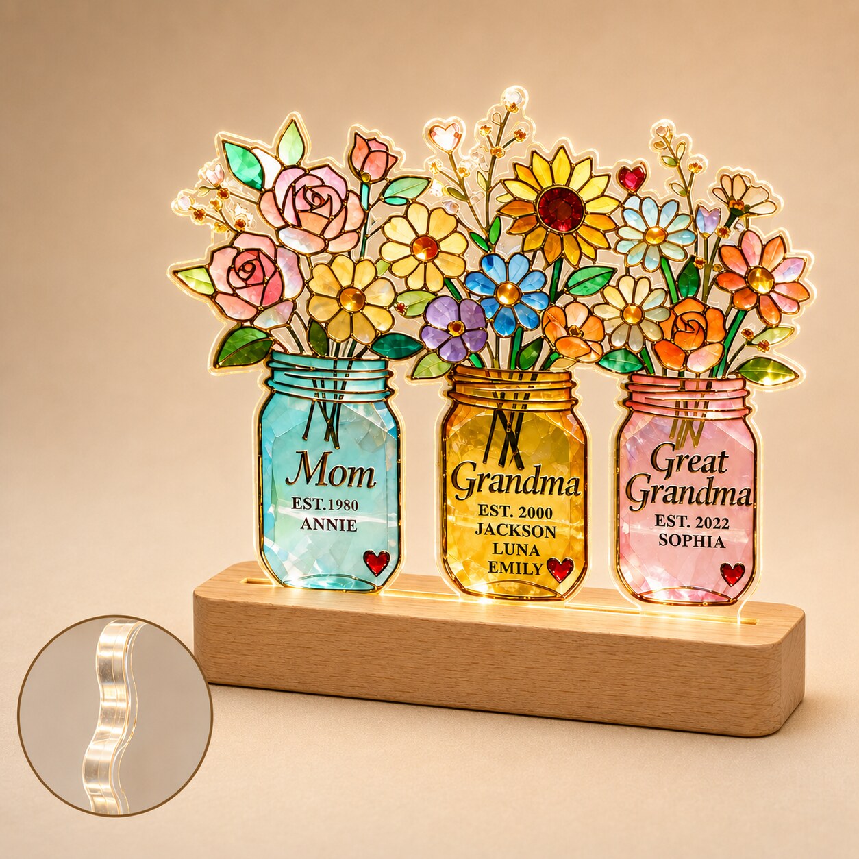 Personalized Three Generations Flower Jars Wavy Acrylic Night Light