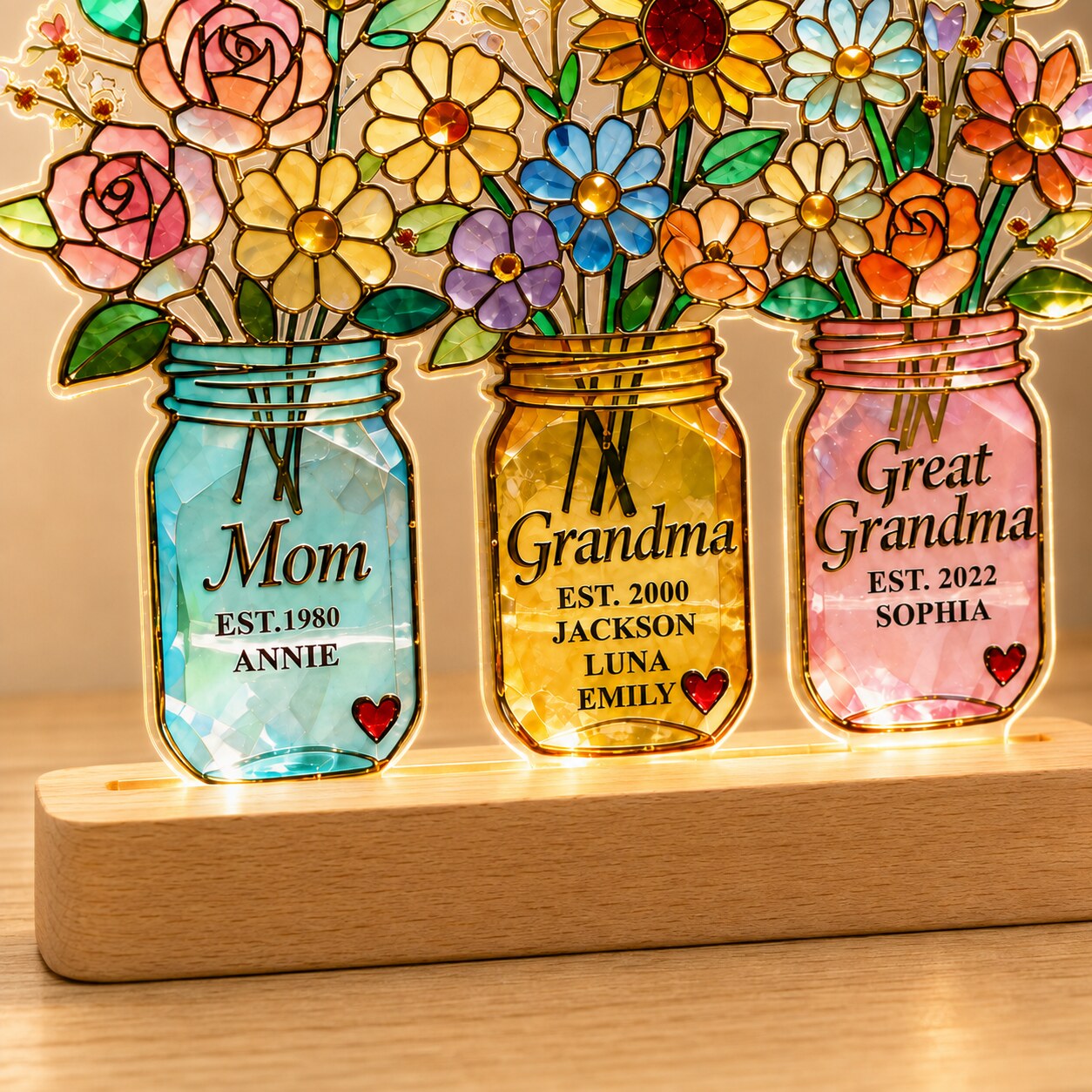 Personalized Three Generations Flower Jars Wavy Acrylic Night Light