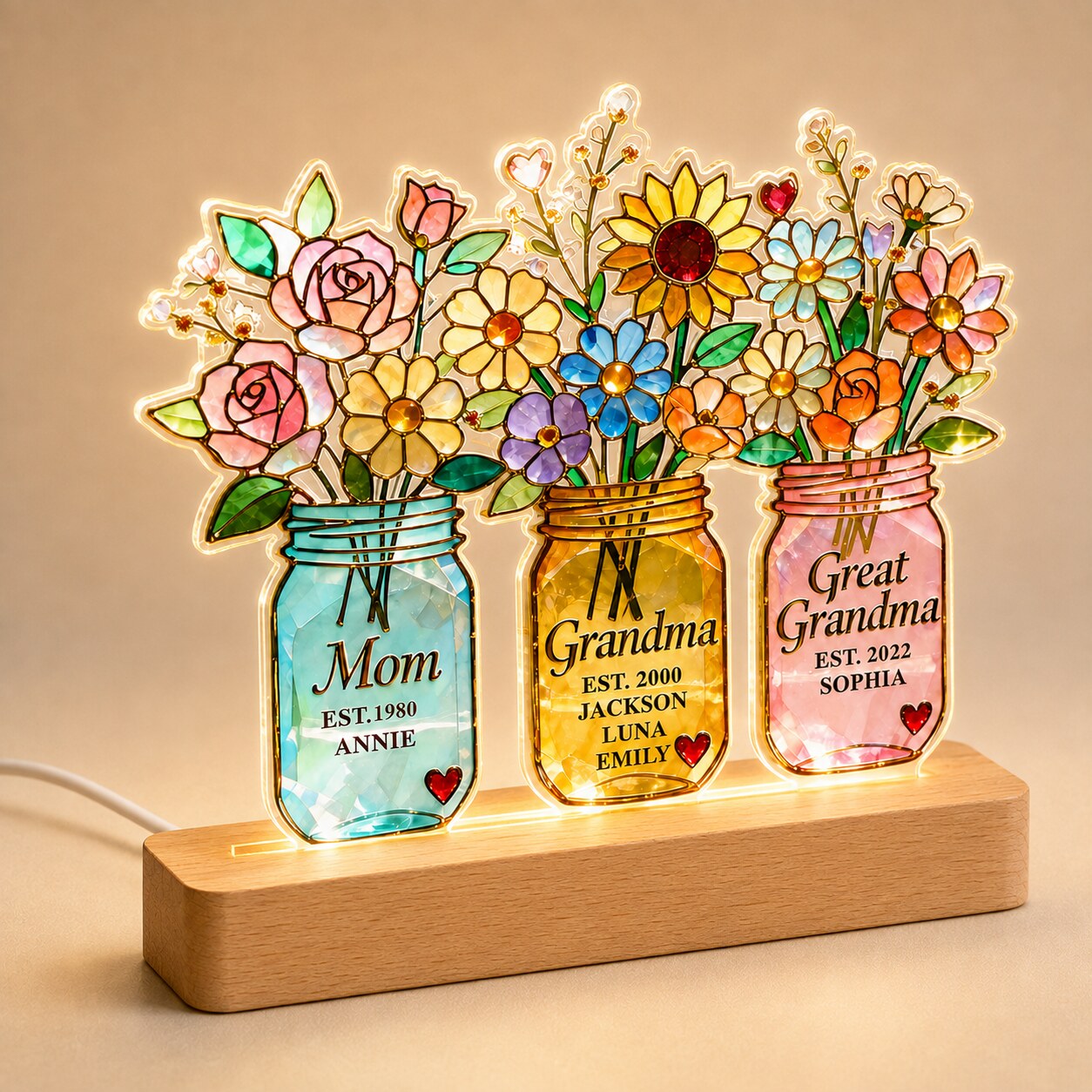 Personalized Three Generations Flower Jars Wavy Acrylic Night Light