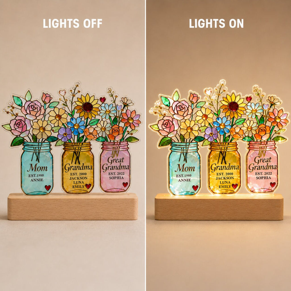 Personalized Three Generations Flower Jars Wavy Acrylic Night Light