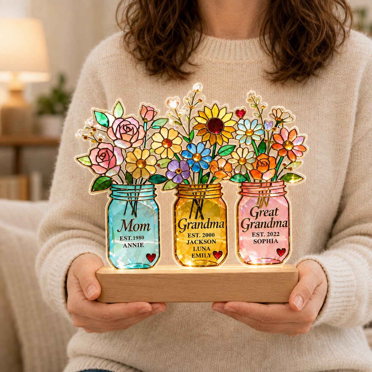 Personalized Three Generations Flower Jars Wavy Acrylic Night Light
