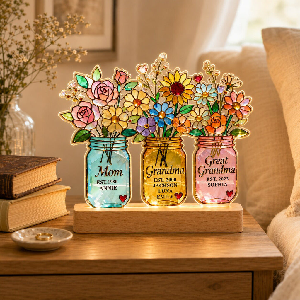 Personalized Three Generations Flower Jars Wavy Acrylic Night Light