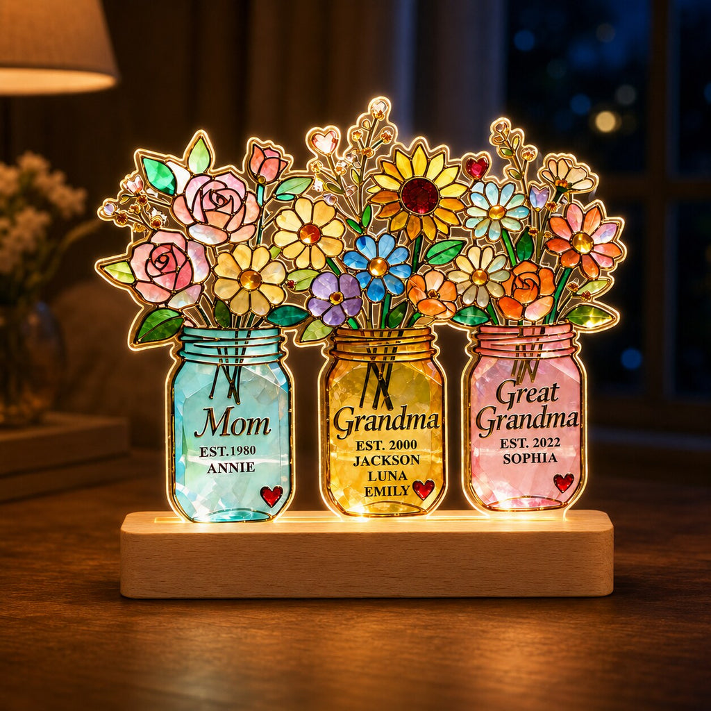 Personalized Three Generations Flower Jars Wavy Acrylic Night Light