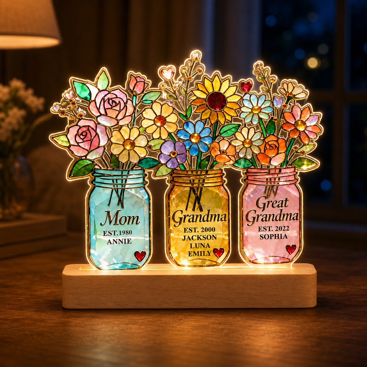 Personalized Three Generations Flower Jars Wavy Acrylic Night Light