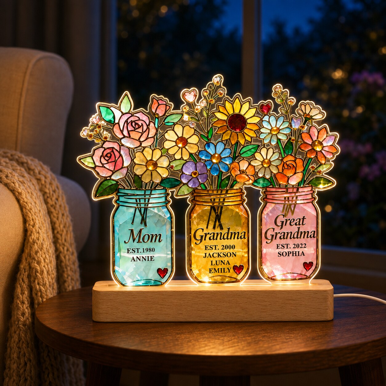 Personalized Three Generations Flower Jars Wavy Acrylic Night Light
