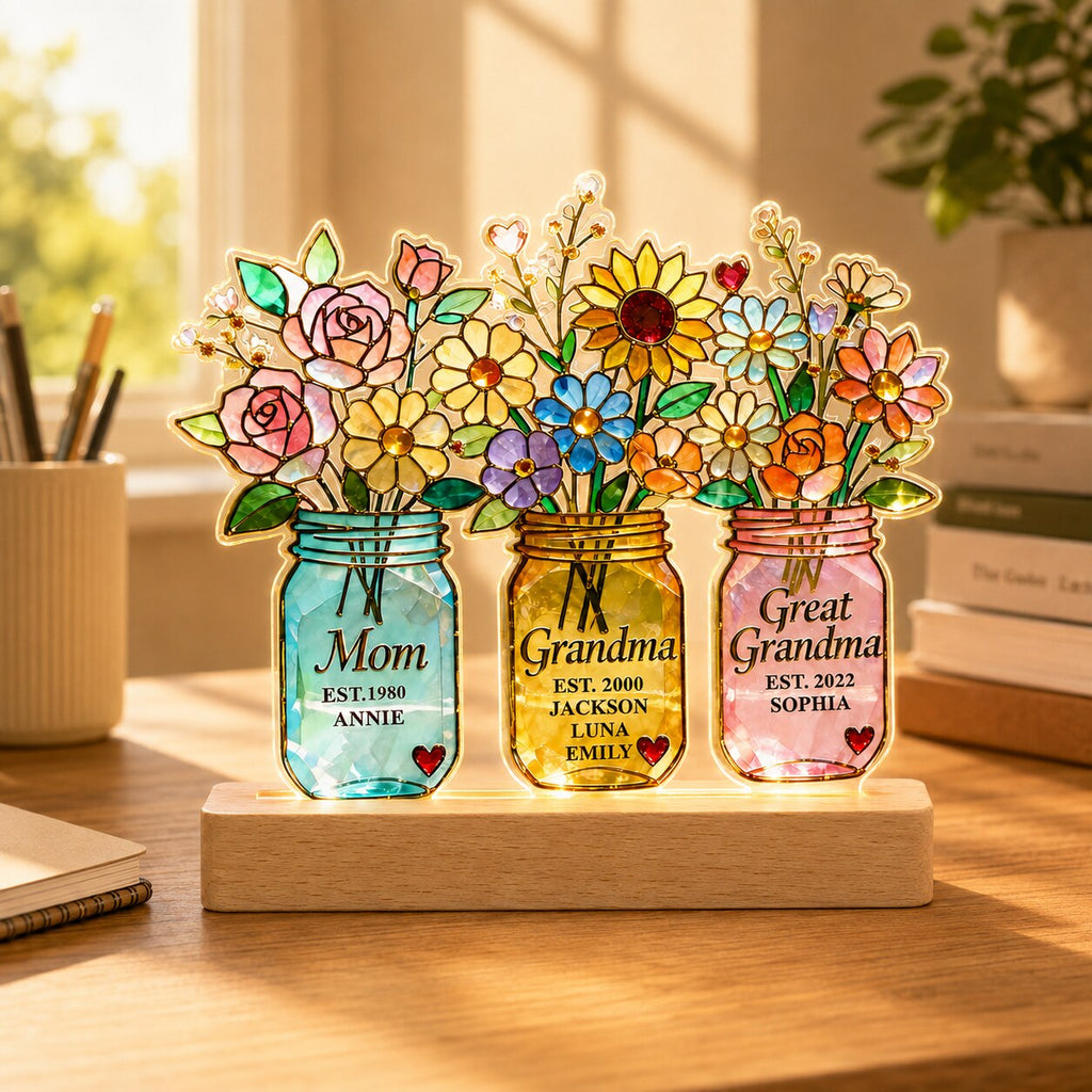 Personalized Three Generations Flower Jars Wavy Acrylic Night Light