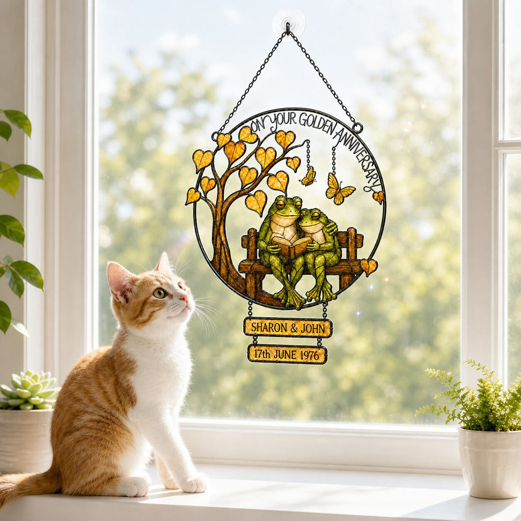 Personalized Golden Anniversary Frog Couple on Bench Holographic Acrylic Suncatcher