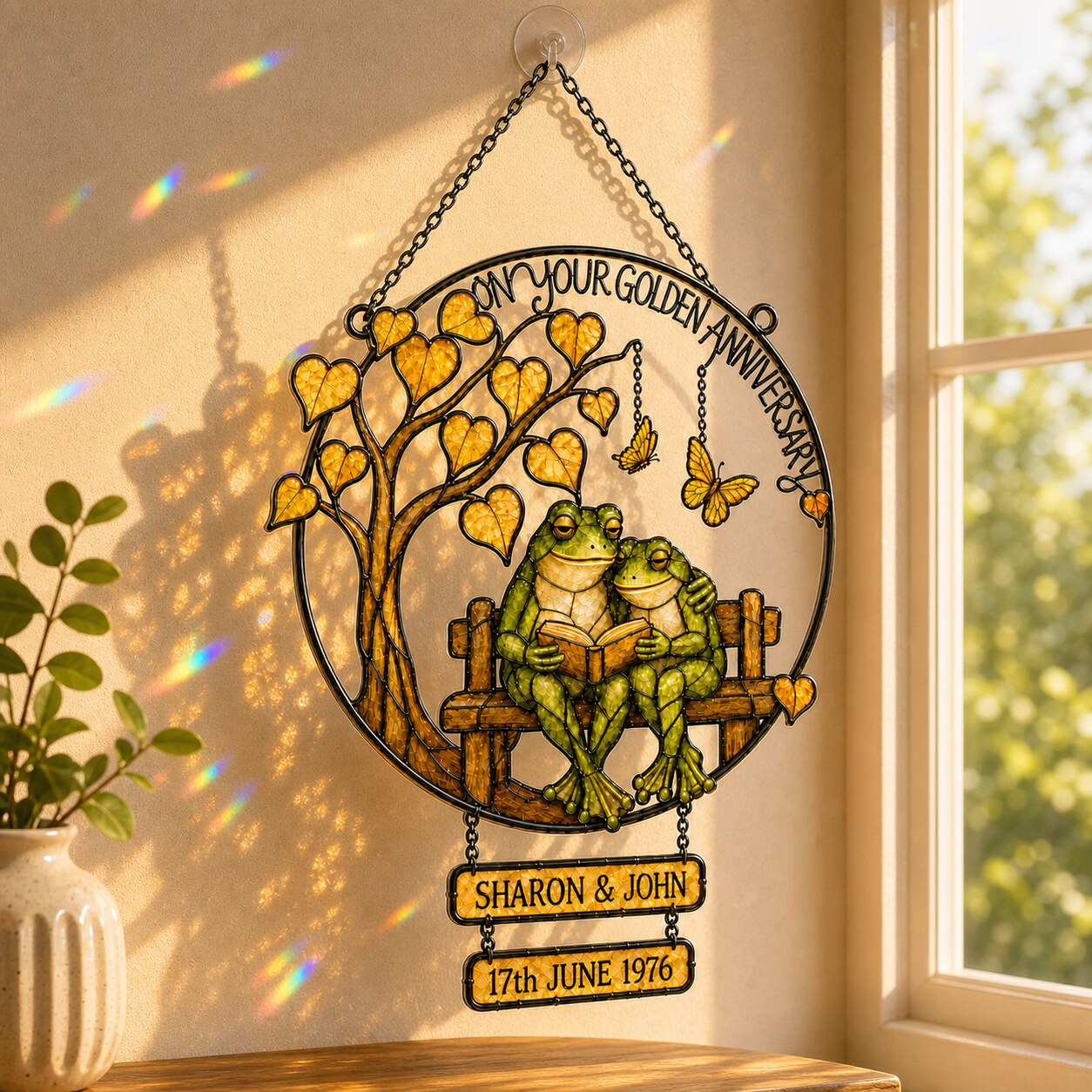 Personalized Golden Anniversary Frog Couple on Bench Holographic Acrylic Suncatcher