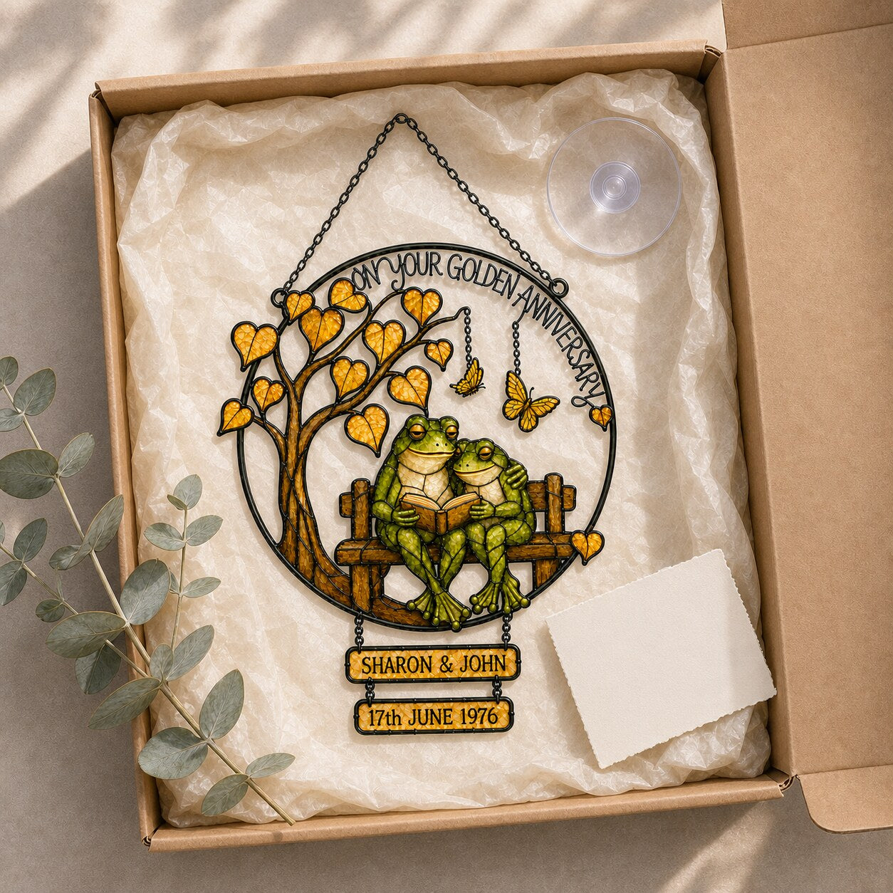 Personalized Golden Anniversary Frog Couple on Bench Holographic Acrylic Suncatcher