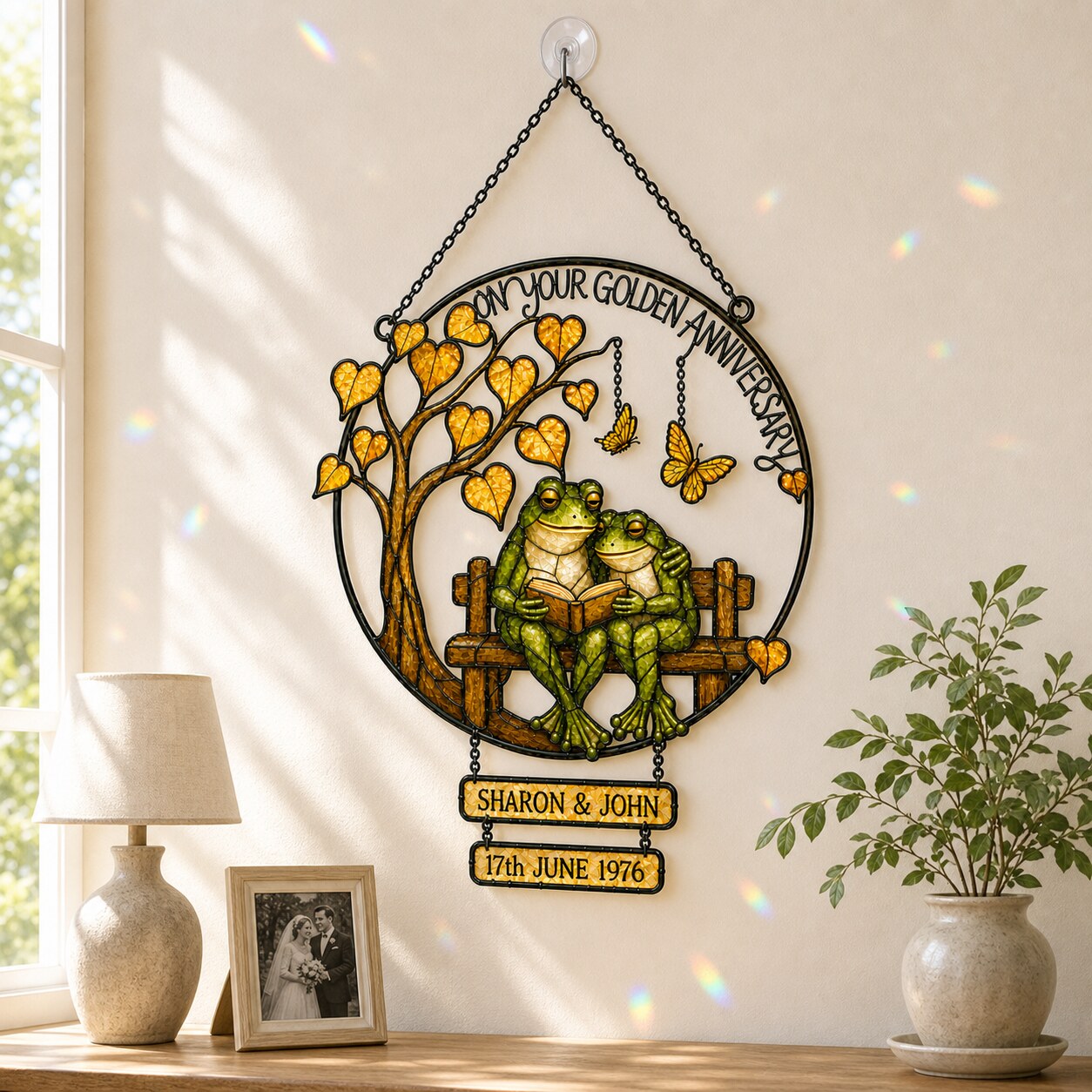 Personalized Golden Anniversary Frog Couple on Bench Holographic Acrylic Suncatcher